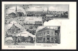 AK Freinsheim, Bahnhof, Colonial- U. Materialwaren Adolf Drescher, Elisentor, Ortsansicht  - Freinsheim