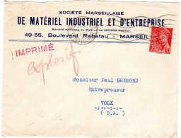 1939  " De MATERIEL INDUSTRIEL Et D' ENTREPRISE Bd Rabatau MARSEILLE " - Storia Postale