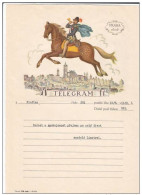Télégramme Tchèque (1935) Illustré Messager à Cheval, Cor Et épée, Ville De Prague En 1606 + Enveloppe Illustrée - Paarden