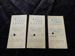 VP- 716, Lot De 3 Tickets De Transport,  Biglietti , ITALIE, ACNIL VENEZIA, Linea 3, Transport Fluvial, 1960 - Europe