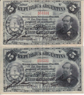 PAREJA CORRELATIVA DE ARGENTINA DE 5 CENTAVOS DEL AÑO 1891 EN CALIDAD EBC (XF) (BANKNOTE) - Argentinië