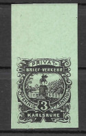 Privatpost Karlsruhe, Besserer Wert Der Privat-Verkehr-Gesellschaft Von 1897 Im Probedruck Auf Grünem Papier - Postes Privées & Locales