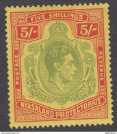 Nyasaland 1938 - King George VI 5 SHILLING MH* - Nyassaland (1907-1953)