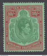 Nyasaland 1938 - King George VI 10 SHILLING MNH** - Nyassaland (1907-1953)