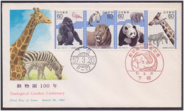 Zoological Garden Animals LION, PANDA, GORILLA, GIRAFFE, ELEPHANT, PENGUIN, FLAMINGO BIRD, Pictorial Mark Japan FDC 1982 - Elefantes