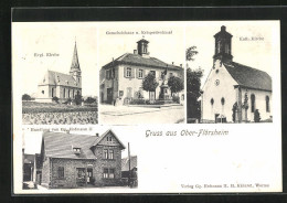AK Ober-Flörsheim, Handlung V. Gg. Hofmann, Gemeindehaus, Kirchen  - Kirchen