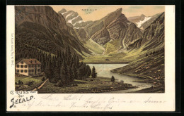 Lithographie Schwende-Rüte, Seealp, Panorama Mit Hotel, See Und Gebirge - Schwende
