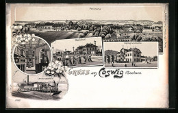 Lithographie Coswig I. Sa., Gasthof Spitzgrundmühle, Bahnhof, Dampferlandungsstelle  - Coswig