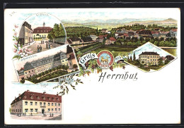 Lithographie Herrnhut, Gasthof, Kirchensaal, Mädchenhaus  - Herrnhut