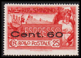 1923. SAN MARINO. Cent. 60 Surcharge On 25 Cent ESPRESSO. Hinged. (Michel 88) - JF547041 - Neufs