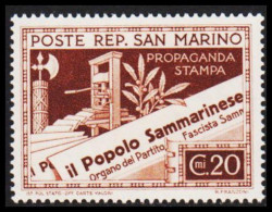 1943. SAN MARINO. 20 Cmi PROPAGANDA STAMPA. Hinged.  (Michel 261) - JF547064 - Nuevos