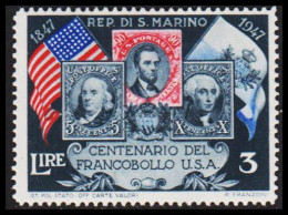 1947. SAN MARINO. 100 Years USA Stamps LIRE 3. Hinged.  (Michel 391) - JF547070 - Nuevos