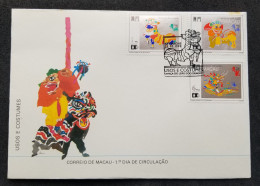 Macau Macao China Habits And Customs Lion Dance & Dragon Dance 1992 Chinese Art Culture (FDC) *toning - Lettres & Documents