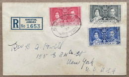 JAMAICA 1937, FDC CORONATION COVER, USED TO USA, REGISTER KINGSTON & NEW YORK CITY 3 CANCEL, 3 DIFFERENT STAMP FULL SET - Jamaïque (...-1961)