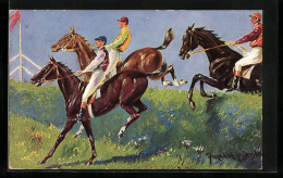 Künstler-AK Ermenegildo Antonio Donadini: Pferdesport, Springreiter Beim Überqueren Einer Hecke  - Paardensport