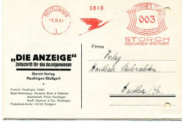 Regno Tedesco, Affrancatura Meccanica Rossa, Reutlingen, 1/8/1931, Airone Germany Deutschland Ema Meter Am - Oblitérations & Flammes