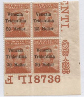 Terre Redente 1919 Trentino Venezia Tridentina H.20 Su Michetti C.20 MNH** Quartina Angolo Foglio + N° Tavola 8736 - Trentin