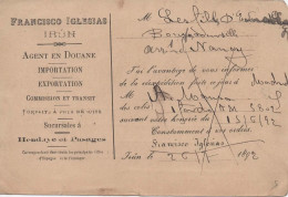 ESPAÑA  ALFONSO XIII PELON ENTERO POSTAL CON IMPRESION PRIVADA FRANCISCO IGLESIAS IRUN 1892 - Storia Postale