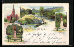 Lithographie Berlin-Friedrichshain, Gr. Teich, Bartholomäus-Kirche, Denkmal Des Alten Fritz  - Friedrichshain