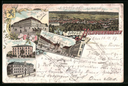 Lithographie Hildburghausen, Ortsansicht, Gymnasium, Marktplatz Mit Rathaus  - Hildburghausen