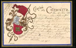 Lithographie Chemnitz, Glücks-Banner Mit Ritterhelm  - Genealogía