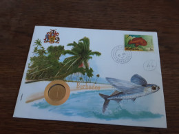 Barbades 1er Jour Timbres Poisson Avec Pièce De Monnaie - Barbados (1966-...)