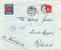 Norwegen 1914, 10 öre Auf Brief M. Schiffstpoststpl. U. Jubiläumsmarke - Lettres & Documents