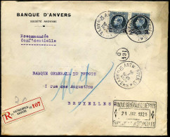 Aangetekende Brief Naar Bruxelles - Banque D'Anvers SA - Banque Générale De Dépots, Succursale De Bruxelles" - 1921-1925 Small Montenez