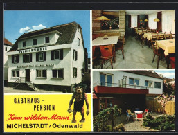 AK Michelstadt /Odenwald, Gasthaus-Pension Zum Wilden Mann, Maskottchen, Speisezimmer, Erbacher Str. 10  - Odenwald