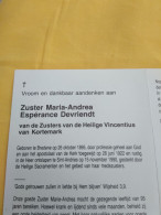 Doodsprentje Espérance Devriendt / Bredene 26/10/1895 Sint Andries 15/11/1990 ( Zuster Maria Andrea / H. Vincentius ) - Religione & Esoterismo