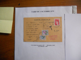 Tarif Du 1-10-1979 : Carte Postale Non Urgent Aff. à 1F Or Tarif à 1F10 Taxée à 1F30 Minimum De La Taxe - 1960-.... Brieven & Documenten