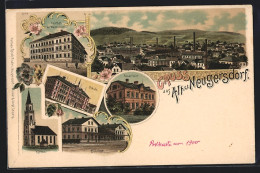 Lithographie Alt-Neugersdorf, Gesamtansicht, Schule, Kirche, Bahnhof, Kinderheim  - Neugersdorf