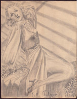 Dessin Au Crayon ( 21 X 27 Cm ) " Portrait De Lilli Palmer, Actrice Allemande " Pliures, Taches, Trous - Dessins