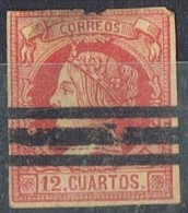 Sello 12 Cuartos ROJO De Isabel II 1860, Anulado Barrado, DEFECTO,  Edifil Num 53S º - Gebruikt