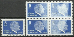 Turkey; 1979 Regular Issue Stamp 5 L. ERROR "Print Stain" (Block Of 4) - Ongebruikt