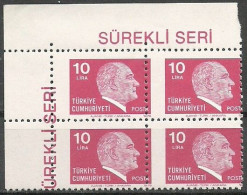 Turkey; 1979 Regular Issue Stamp 10 L. ERROR "Shifted Perf." (Block Of 4) - Ongebruikt