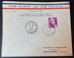 Lettre Par Avion Via  Air France Paris Bogota 1953 Pour Fort De France Martinique Affr. Gandon 15 Fr - 1927-1959 Storia Postale