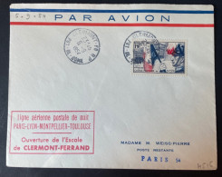 Lettre Par Avion 1954 Ouverture De L'escale Clermont Ferrand Ligne Paris Toulouse - 1927-1959 Storia Postale