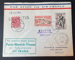 Lettre Par Avion 1954 Via Air France Ligne Paris Munich Vienne  Par Turbo-Propulseur - 1927-1959 Storia Postale