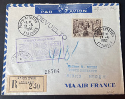 Lettre Recommandé Par Avion 1952 Paris Mexico Mexique 1er Service Aérien Direct - 1927-1959 Storia Postale