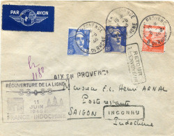 FRANCE LETTRE PAR AVION AVEC CACHET "REOUVERTURE DE LA LIGNE FRANCE INDOCHINE..." DEPART AIX EN PROVENCE 8-6-46......... - 1927-1959 Storia Postale