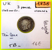 Royaume Uni, 3 Pence 1838, Rare,  TTB, Angleterre, Argent, Silver, Grande Bretagne. - Andere & Zonder Classificatie