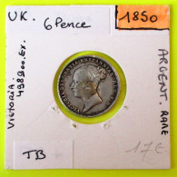 Royaume Uni, 6 Pence 1850, TB, Rare, Angleterre, Argent, Silver, Grande Bretagne. - Other & Unclassified