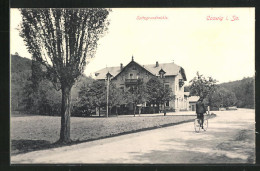 AK Coswig I. Sa., Gasthaus Spitzgrundmühle Und Radfahrer  - Coswig