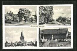 AK Grassel Pb. Gifhorn, Geschäftshaus Lütge, Kirche, Kriegerdenkmal  - Gifhorn
