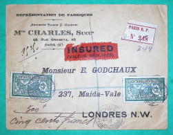 N°143 X2 MERSON LETTRE CHARGE PARIS POUR LONDRES LONDON ANGLETERRE ENGLAND ETIQUETTE INSURED 1915 COVER FRANCE - 1900-27 Merson