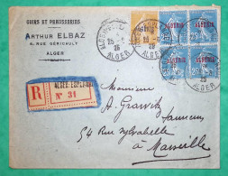 N°140 BLOC DE 4 + 158 SEMEUSE SURCHARGE ALGERIE RECOMMANDE ALGER ESPLANADE ELBAZ POUR MARSEILLE 1925 COVER FRANCE - 1906-38 Semeuse Camée