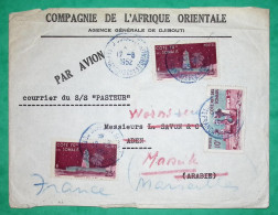 LETTRE PAR AVION COTE FRANCAISE SOMALIS DJIBOUTI COMPAGNIE DE L'AFRIQUE ORIENTALE POUR ADEN YEMEN REEXP MARSEILLE 1952 - Lettres & Documents