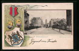 Präge-Passepartout-Lithographie Dordrecht, Wilhelmina Straat, Wappen  - Dordrecht