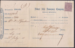 Inde British India 1868 Albert Life Assurance Company, Indian Branch, Insurance Premium Receipt, Queen Victoria, Policy - 1858-79 Kolonie Van De Kroon